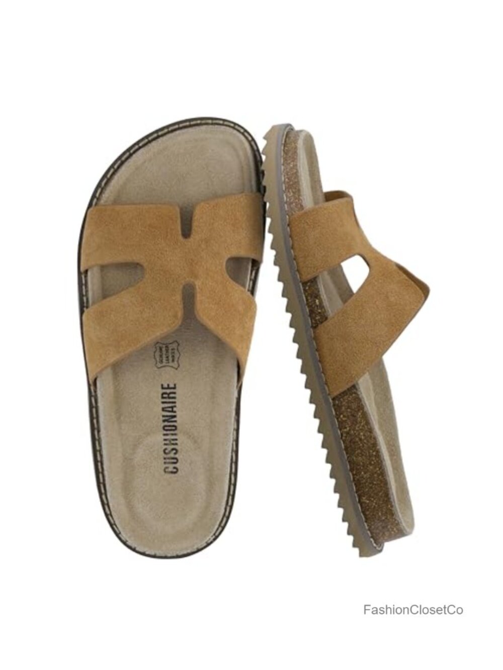 Women's Genuine Leather Cutout Slide Sandals Comfort Cork Footbed